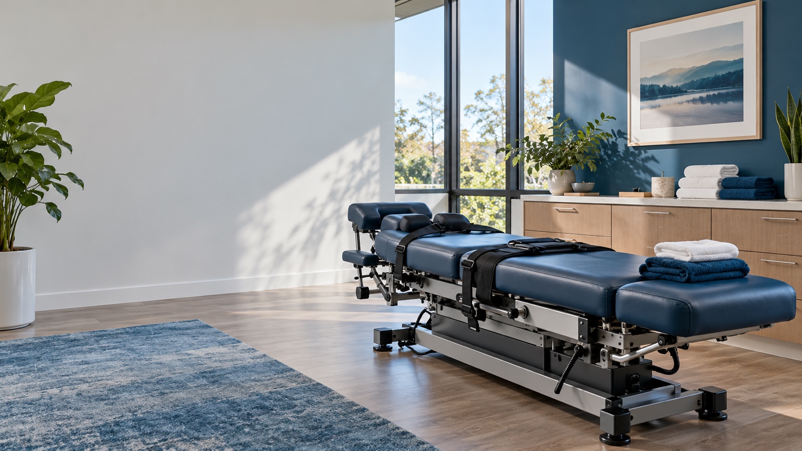 Spinal decompression table in a bright treatment room